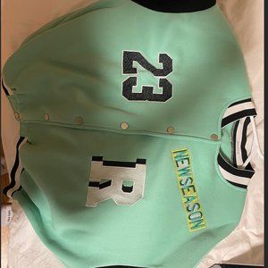 Letter Patched Striped Trim Drop Shoulder Varsity Jacket